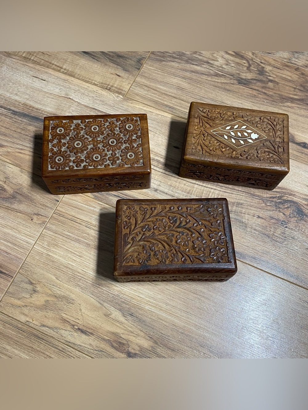 3 Antique Vintage Floral Wood Carved Boxes Made in India